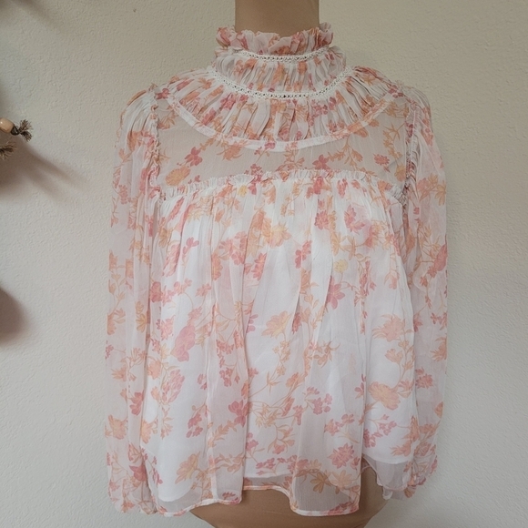 French Connection White and Orange Floral High Neck Blouse - Picture 1 of 5